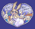 ambiguous_gender anthro blue_eyes brown_body brown_fur carrot clothing dress female food fur group hair heart_symbol plant simple_background surprise text transformation vegetable whiskers white_clothing white_dress nakitacat final_fantasy final_fantasy_xiv final_fantasy_xiv:_endwalker new_year_2023 square_enix loporrit 2023 digital_media_(artwork) english_text