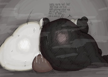 ambiguous_gender anthro big_butt black_body bodily_fluids butt butt_focus death_by_facesitting dialogue duo face_in_ass facesitting huge_butt looking_away male male/ambiguous multicolored_body musk oral rear_view simple_background sitting sitting_on_another smothering sweat sweaty_butt tail text white_body lolbear_9 danganronpa spike_chunsoft anon monokuma bear mammal ursine digital_media_(artwork) english_text hi_res