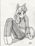 anthro bedroom_eyes biped clothing female half-closed_eyes horn looking_at_viewer narrowed_eyes pose seductive sitting solo bhawk friendship_is_magic hasbro my_little_pony mythology sweetie_belle_(mlp) equid equine mammal mythological_creature mythological_equine unicorn monochrome traditional_media_(artwork)