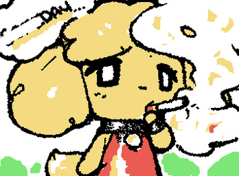 alternate_costume ambiguous_anthro ambiguous_gender anthro bent_arm black_choker black_jewelry black_necklace black_text censored_text choker cigarette clothed clothed_ambiguous clothed_anthro clothing dress ellipsis eyelashes featureless_hands head_tuft holding_cigarette holding_object jewelry necklace red_clothing red_dress simple_eyes smoke smoking smoking_cigarette solo squigglevision standing tail text thought_bubble tuft white_eyes wristband yellow_body yellow_ears yellow_tail ligma_(artist) animal_crossing nintendo isabelle_(animal_crossing) canid canine canis domestic_dog mammal shih_tzu toy_dog 2025 animated digital_media_(artwork) flat_colors low_res wigglypaint_(artwork) female_(lore)