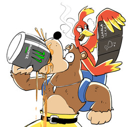 anthro backpack beak belt beverage bottomwear cigar clothed clothing cross-eyed drinking duo feathers female fur humor jewelry magazine male necklace open_mouth porn_magazine pornography shorts smile smoke smoking text topless wings anaugi banjo-kazooie monster_energy rareware banjo_(banjo-kazooie) kazooie avian bear bird breegull mammal english_text hi_res
