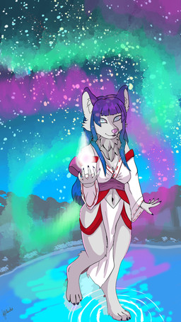 anthro asian_clothing aurora_(phenomenon) clothing east_asian_clothing female fur japanese_clothing miko_outfit sky skyscape solo water white_body white_fur kitsunitachi arctic_fox canid canine fox mammal true_fox 9:16 hi_res