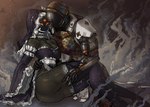 3_eyes armor bare_shoulders big_butt blush butt chii'ves_(exobelos) choker clothing dark_body dark_skin duo female headgear headwear helmet holding_waist hood jewelry kneeling lingerie long_legs male male/female multi_eye muscular necklace sitting thick_thighs exobelos destiny_(video_game) fan_character titan_(destiny) hive_(destiny) humanoid hi_res