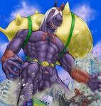 abs animal_genitalia anthro balls duo flaccid fur genitals hair macro male muscular muscular_male nipples nude penis purple_body purple_fur red_eyes sheath size_difference white_hair ronin-nc bandai_namco digimon digimon_(species) equid indramon mammal