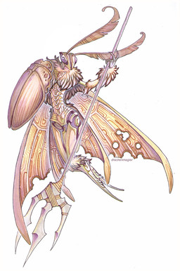 ambiguous_gender antennae_(anatomy) chest_tuft fur holding_object holding_weapon jewelry melee_weapon necklace nude polearm shield solo trident tuft weapon drachenmagier arthropod insect lepidopteran moth 2015 traditional_media_(artwork)