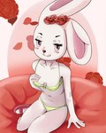 anthro bra breasts clothing female flower footwear half-closed_eyes hand_on_breast looking_away narrowed_eyes panties plant red_clothing red_footwear red_shoes rose_(flower) shoes sitting solo underwear yellow_bra yellow_clothing yellow_panties yellow_underwear bigmi_nono spicylotor lagomorph leporid mammal rabbit