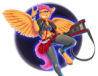 abs alternative_fashion anthro anthrofied bottomwear clothed clothing ear_piercing electric_guitar eyelashes feathered_wings feathers female fully_clothed grin guitar hair hooves jacket looking_at_viewer midriff miniskirt musical_instrument navel orange_body orange_feathers pants piercing plucked_string_instrument punk purple_eyes purple_hair skirt skousers smile solo spread_wings string_instrument topwear torn_clothing wings hobbsmeerkat friendship_is_magic hasbro my_little_pony mythology scootaloo_(mlp) equid equine mammal mythological_creature mythological_equine pegasus 2016 hi_res