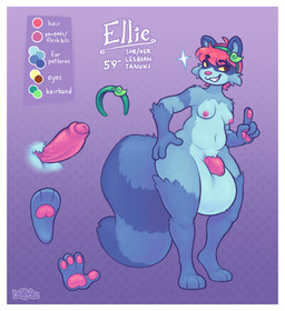 4_fingers accessory anthro balls barefoot big_balls blue_body blue_fur border breasts erection facial_markings feet fingerpads fingers fur genitals gloves_(marking) gynomorph hair hair_accessory hairband head_markings hyper intersex leg_markings looking_aside markings mask_(marking) nipples nude pawpads penis red_hair short_hair simple_background smile socks_(marking) solo standing tail text white_border keffotin ellie_(keffotin) canid canine mammal raccoon_dog tanuki 2020 digital_media_(artwork) english_text hi_res model_sheet trans_(lore) trans_woman_(lore)