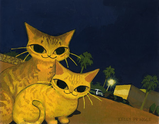 ambiguous_gender car city duo feral looking_at_viewer night outside parking_lot smile smiling_at_viewer vehicle whiskers kellypringleart domestic_cat felid feline felis mammal tabby_cat painting_(artwork)