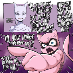 anthro big_breasts breasts dialogue duo eyelashes female fingers front_view open_mouth pink_body pupils simple_background standing tail text three-quarter_view saltyxodium nintendo pokemon generation_1_pokemon legendary_pokemon mew_(pokemon) mewtwo pokemon_(species) 1:1 comic english_text hi_res