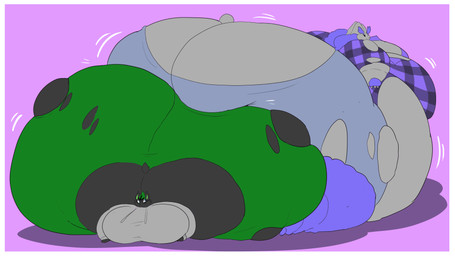 anthro ass_to_ass belly big_belly big_butt big_moobs black_eyewear black_glasses black_sclera blue_bottomwear blue_clothing blue_eyes blue_pants border bottomwear butt butt_cleavage butt_smother butt_squish chubby_cheeks clothing duo eyebrows eyewear glasses green_bottomwear green_clothing green_inner_ear green_leggings green_legwear green_nose green_pants grey_body grey_clothing grey_ears grey_hoodie grey_nose grey_tail grey_topwear hoodie huge_belly huge_butt huge_moobs hyper hyper_belly hyper_butt hyper_moobs kneeling leggings legwear looking_back lying male moobs morbidly_obese morbidly_obese_anthro morbidly_obese_male motion_lines obese obese_anthro obese_male on_front overweight overweight_anthro overweight_male pants pink_background purple_clothing purple_ears purple_eyebrows purple_eyes purple_shirt purple_topwear scut_tail shirt short_tail simple_background smile smothering squish tail tight_clothing topwear torn_bottomwear torn_clothing torn_pants torn_shirt torn_topwear white_border adansin nintendo pokemon bray_(bray64) reathe_(character) cinderace generation_4_pokemon generation_8_pokemon lagomorph leporid lopunny mammal pokemon_(species) rabbit 16:9 2025 4k absurd_res colored digital_drawing_(artwork) digital_media_(artwork) flat_colors hi_res widescreen