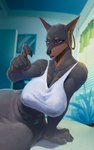 anthro big_breasts breasts claws cleavage clothed clothing ear_piercing ear_ring female fur gesture hand_gesture hoop_ear_ring orange_eyes piercing pointing pointing_at_viewer ring_piercing solo thick_thighs topwear wide_hips morc_orc beatrice_(the7thprimarch) canid canine canis dobermann domestic_dog mammal pinscher absurd_res hi_res