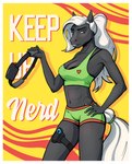 abs anthro big_breasts black_body border bottomwear breasts clothed clothing controller female fingers game_controller hair holding_object looking_at_viewer nintendo_controller shorts simple_background smile solo sportswear teeth text topwear uniform white_border white_hair jakeseeker nintendo nintendo_switch ring_fit_adventure equid equine horse mammal absurd_res digital_media_(artwork) english_text hi_res