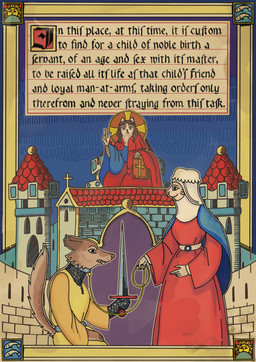 ambiguous_gender anthro armor aureola bible_(object) book brown_body brown_fur castle christian_cross christian_symbol clothed clothed_ambiguous clothed_anthro clothed_female clothing cross dress female fully_clothed fully_clothed_ambiguous fully_clothed_anthro fully_clothed_female fur group historical holding_leash holding_melee_weapon holding_object holding_weapon illuminated_manuscript leash medieval melee_weapon religion religious_symbol sword teeth text trio weapon mia_cain christianity canid canine canis felid feline mammal wolf absurd_res comic english_text hatching_(art) hi_res shaded