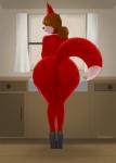 anthro anus bent_over big_butt biped butt clothing curtains detailed_background female footwear fur gem genitals hair hair_over_eyes high_heels innie_pussy jewelry kitchen legs_together lipstick looking_back makeup mature_anthro mature_female mostly_nude necklace pearl_(gem) pearl_necklace pussy red_body red_fur shoes short_hair smile solo standing tan_hair window hidden_(artist) hidden_orosubi canid canine fox mammal 2017 hi_res