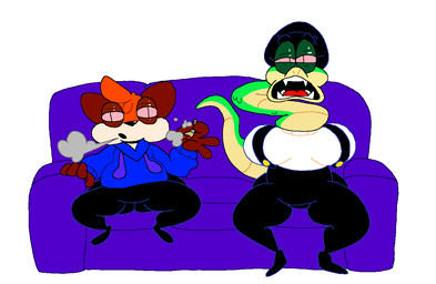 anthro armless big_breasts big_butt black_bottomwear black_clothing black_eyes black_footwear black_leggings black_legwear black_nose black_overalls black_shoes blue_clothing blue_hoodie blue_topwear bottomwear breasts brown_body brown_ears brown_fur butt clothed clothing drugged drugs duo fans female footwear front_view fur furniture green_body green_scales green_tail hair half-closed_eyes holding_blunt holding_marijuana holding_object hoodie leggings legwear long_neck male marijuana marijuana_blunt multicolored_body multicolored_scales narrowed_eyes on_sofa open_mouth orange_body orange_fur orange_hair overalls pink_sclera scales sharp_teeth shirt simple_background sitting sitting_on_sofa smoke sofa stoned substance_intoxication tail teeth tongue topwear two_tone_body two_tone_scales two_tone_tail white_background white_body white_clothing white_fur white_shirt white_topwear yellow_body yellow_nose yellow_scales yellow_tail superiorfox lucy_swallows soups_(superiorfox) canid canine canis fox mammal red_fox reptile scalie snake true_fox 2025 digital_media_(artwork)