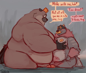 4_fingers anthro blush brown_body crown dialogue duo erection fingers genitals headgear humanoid_hands king male male/male mature_male moob_grab moobs nipples overweight overweight_male penis royalty standing text water uniparasite disney hoppers_(disney) pixar king_george_(hoppers) beaver mammal rodent 2026 absurd_res english_text hi_res