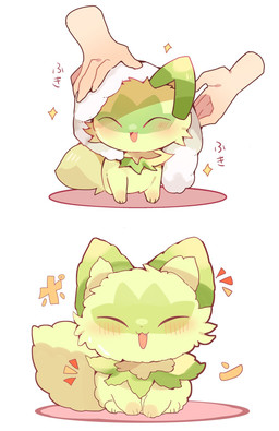 :3 ambiguous_gender blush blush_lines cheek_tuft cute_fangs disembodied_hand duo eyes_closed facial_tuft fangs feral fur green_body green_fur happy head_tuft open_mouth open_smile simple_background sitting smile solo_focus tail teeth tuft white_background yupo_0322 nintendo pokemon generation_9_pokemon pokemon_(species) sprigatito 2025 colored colored_sketch digital_drawing_(artwork) digital_media_(artwork) hi_res shaded sketch