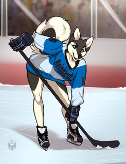 anthro bent_over clothed clothing crowd fangs female footwear fur gloves group hair handwear hockey hockey_player hockey_rink hockey_stick holding_hockey_stick holding_object ice ice_skates looking_at_viewer smile solo sport tail teeth text text_on_clothing topwear inktiger canid canine canis domestic_dog husky mammal nordic_sled_dog spitz digital_media_(artwork)