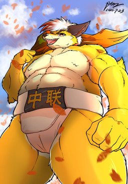 anthro asian_clothing clothing cloud countershade_face countershade_torso countershading east_asian_clothing flag hair holding_object japanese_clothing leaf looking_forward male mawashi multicolored_hair musclegut muscular open_mouth overweight overweight_male red_eyes sky skyscape smile solo standing sumo text white_hair yellow_body peakon canid canine fox mammal chinese_text hi_res
