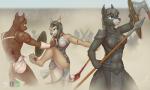 2017 5:3 absurd_res anthro armor battle blood blue_eyes bodily_fluids braided_hair breasts canid canine canis cleavage clothed clothing coyote digital_media_(artwork) duo_focus female fur gore green_eyes group hair hi_res holding_object holding_weapon jessica_vega long_hair male mammal melee_weapon open_mouth polearm reaper3d renvy shield simple_background spear unconvincing_armor weapon wolf wounded