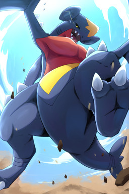 3_toes ambiguous_anthro ambiguous_gender anthro arm_fin arm_spikes biped black_sclera blue_body blue_scales blue_sky blue_tail claws cloud digitigrade dust feet fin glowing glowing_eyes leg_spikes light looking_at_viewer looking_down looking_down_at_viewer low-angle_view multicolored_body multicolored_scales open_mouth outside pink_tongue pupils red_body red_scales scales sharp_teeth sky slit_pupils solo spikes spikes_(anatomy) sunlight tail tail_fin teeth toe_claws toes tongue white_claws white_spikes yellow_body yellow_eyes yellow_scales rumine nintendo pokemon garchomp generation_4_pokemon pokemon_(species) scalie 2025 2:3 hi_res lighting shaded