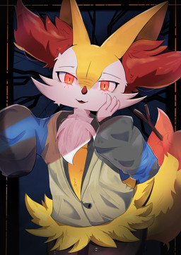 anthro biped black_border blush blush_lines border breasts dipstick_tail female female_anthro fluffy fluffy_tail front_view glowing glowing_eyes hand_on_cheek markings object_in_tail open_:3 open_mouth open_smile simple_background small_breasts smile snout solo standing stick stick_in_tail tail tail_markings bluefox780 nintendo pokemon braixen canid generation_6_pokemon mammal pokemon_(species) 2026 absurd_res digital_drawing_(artwork) digital_media_(artwork) hi_res japanese_description portrait three-quarter_portrait translated_description
