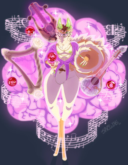anthro big_tail bottomwear brown_hair bulge chest_tuft claws clothed clothing cloud curled_tail digitigrade facial_markings facial_tuft feet flower fur green_eyes hair head_markings horn huge_tail inner_ear_fluff jewelry magic magic_user male mane markings music musical_instrument musical_note musical_symbol navel navel_piercing neck_tuft necklace nipple_piercing nipples open_clothing open_shirt open_topwear orb pants pawpads pecs piercing plant pubes ring rose_(flower) shirt smoke solo sparkles symbol tail tan_body tan_fur thick_thighs toes topwear tuft tusks wide_hips yellow_body sin'twais arbus_monstera peakit absurd_res hi_res