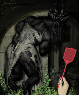 anthro back_muscles biceps big_butt black_body black_fur black_hair butt clothing damaged_clothing digitigrade dress female first_person_view fly_swatter fur hair holding_fly_swatter holding_object horn long_hair muscular muscular_anthro muscular_arms muscular_female muscular_thighs plant quads rear_view solo tail teratophilia torn_clothing torn_dress_shirt triceps wide_hips zarzaliel monster 2025 absurd_res hi_res