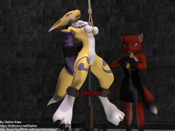 anthro bdsm black_sclera bondage bound breasts duo female fur genitals nipples nude one-bar_prison pain penetration pole restrained rope text vaginal vulva yellow_body yellow_fur delion_kiaw charleyfox_(modeler) bandai_namco digimon charleyfox_fox canid canine digimon_(species) fox mammal renamon 2014 3d_(artwork) 4:3 digital_media_(artwork) url