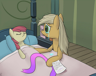 bedroom blonde_hair bodily_fluids coma crying duo female fur green_eyes hair letter messy_hair orange_body orange_fur red_hair sad simple_background sleeping tears yellow_body yellow_fur paradigmpizza friendship_is_magic hasbro my_little_pony apple_bloom_(mlp) applejack_(mlp) earth_pony equid equine horse mammal pony 2012 5:4