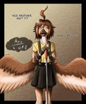 anthro arm_warmers armwear beak blind bottomwear cane clothed clothing dialogue disability shirt simple_background skirt suspender_skirt suspenders topwear walking_cane wings arc_rose vanilla_(arcrose) avian bird digital_drawing_(artwork) digital_media_(artwork) hi_res