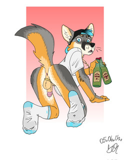 accessory all_fours anthro anus backwards_baseball_cap backwards_hat balls baseball_cap beverage blue_eyes bodily_fluids border bottle bottomless bracelet butt circumcised clothed clothing cock_ring container cross cross_necklace dripping ears_up feet foot_fetish foot_focus footwear fur genital_fluids genitals gradient_background grey_body grey_fur hat headgear headwear holding_beverage holding_bottle holding_container holding_object humanoid_feet inner_ear_fluff jewelry kneeling leaking_precum looking_at_viewer looking_back looking_back_at_viewer male markings necklace open_mouth orange_body orange_fur penis penis_accessory penis_jewelry plantigrade precum precum_drip precum_on_own_penis precum_on_penis raised_tail ring_(jewelry) shirt shirt_only simple_background socks solo striped_markings striped_tail stripes sweat sweatdrop tail tail_anus tail_markings topwear topwear_only tuft wearing_hat whiskers white_border bartek22 canid canine canis coyote mammal 2024 dated hi_res signature