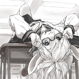 5_fingers anthro bottomwear classroom clothed clothing desk eyewear female fingers flat_chested footwear furniture glasses hair inside kemono lights looking_at_viewer lying necktie on_back on_desk open_mouth school school_uniform shoes short_hair skirt smile solo student table uniform young young_anthro young_female kikurage lagomorph leporid mammal rabbit 1:1 greyscale monochrome