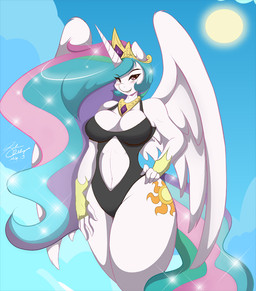 anthro anthrofied big_breasts biped blue_hair blush bracelet breasts cleavage clothed clothing crown curvy_figure cutie_mark feathered_wings feathers female fur gold_(metal) green_hair hair headgear horn jewelry long_hair mature_anthro mature_female multicolored_hair navel necklace one-piece_swimsuit outside pink_hair purple_hair sky solo sparkles standing sun swimwear thick_thighs voluptuous white_body white_feathers white_fur wide_hipped_female wide_hips wings mastergodai friendship_is_magic hasbro my_little_pony mythology princess_celestia_(mlp) equid equine mammal mythological_creature mythological_equine winged_unicorn 2013