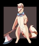 ambiguous_gender axe brown_background crotch_tuft featureless_crotch fur glistening glistening_eyes head_tuft holding_axe holding_object markings neck_bow red_eyes semi-anthro simple_background solo standing striped_markings striped_tail stripes tail tail_markings tan_body tan_fur tuft imperatorcaesar species_request alpha_channel hi_res