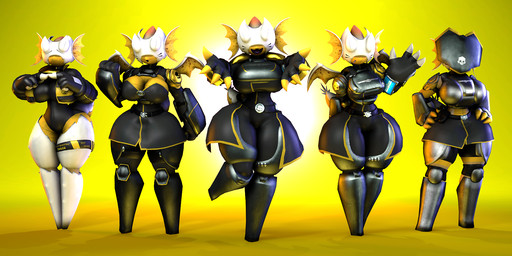 4_fingers :3 anthro armor belt big_breasts black_clothing black_dress black_leotard breasts cleavage clothed clothing curvy_figure dress eyeless female fin fingers gesture group hand_behind_back hands_on_hips head_fin headgear helmet index_to_index knee_pads leotard looking_at_viewer membrane_(anatomy) membranous_wings non-mammal_breasts on_one_leg open_mouth open_smile reaching_towards_viewer shy simple_background skull_print small_wings smile smiling_at_viewer standing thick_thighs waving waving_at_viewer white_body wide_hips wings yellow_background yellow_fin extroke jaller_arts_(modeler) helldivers democratic_bug arthropod hunter_(helldivers) terminid 2:1 3d_(artwork) digital_media_(artwork) full-length_portrait hi_res portrait source_filmmaker_(artwork)