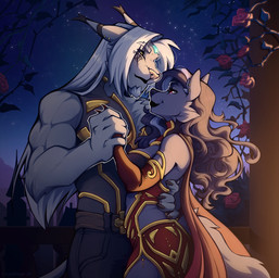 anthro black_nose breasts brown_hair clothed clothed_anthro clothed_female clothed_male clothing duo female fur hair hand_holding interspecies interspecies_romance male male/female night pink_nose romantic romantic_ambiance romantic_couple romantic_night white_body white_fur white_hair crystalhaze canid canine canis caracal caracal_(genus) felid feline mammal wolf hi_res