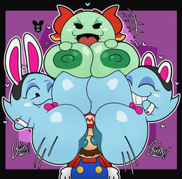 areola big_breasts black_eyes blue_areola blue_body blue_nipples bow_ribbon bow_tie breast_squish breasts breasts_frottage clothing exclamation_point eyes_closed facial_hair fake_cat_ears fake_ears fake_rabbit_ears fangs female gloves green_areola green_body green_nipples group handwear hat headgear headwear heart_symbol huge_breasts hyper male mustache nipples not_furry one_eye_closed open_mouth overalls shirt smile squish teeth text topwear luanctoons mario_bros nintendo paper_mario lady_bow lahla_(mario) mario peeka_(mario) boo_(mario) ghost human mammal spirit 2025 absurd_res digital_media_(artwork) english_text hi_res sibling_(lore) sister_(lore) sisters_(lore) twins_(lore)