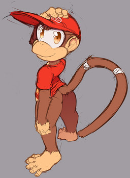 5_toes barefoot bottomless brown_body brown_eyes brown_fur butt clothed clothing conjoined_eyes feet fur hat headgear headwear male prehensile_feet smile solo toes 0r0ch1 donkey_kong_(series) nintendo diddy_kong haplorhine mammal monkey primate 2019