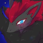 ambiguous_gender anthro black_body black_fur blue_background blue_eyes bodily_fluids fur hair red_hair simple_background solo tears techno_otaku among_us among_us_eyes innersloth nintendo pokemon crewmate_(among_us) generation_5_pokemon pokemon_(species) zoroark 1:1 2022 artist_name bust_portrait hi_res portrait shaded watermark