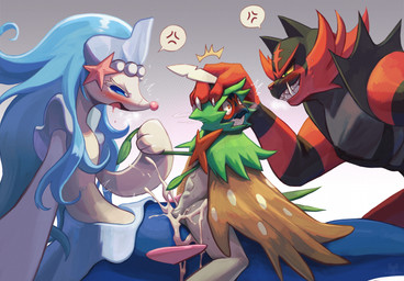 anthro beak biped blush bodily_fluids claws cloacal cloacal_penetration cum cum_in_cloaca cum_inside female fingers fur genital_fluids genitals group hair male nude nude_anthro nude_female nude_male penetration penile penile_penetration penis penis_in_cloaca simple_background smile tapering_penis teeth tongue trio wings tenebscuro nintendo pokemon decidueye generation_7_pokemon incineroar pokemon_(species) primarina 2026 digital_drawing_(artwork) digital_media_(artwork) hi_res