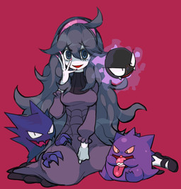 ahoge ambiguous_gender colored_nails exposure_variation female floating_hands group hair human_focus long_hair nails not_furry pink_nails poke_puff pose unknown_artist nintendo pokemon hex_maniac gastly generation_1_pokemon gengar ghost haunter human mammal pokemon_(species) spirit hi_res