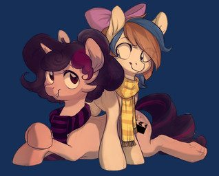 blue_eyes brown_hair cutie_mark duo eyelashes female feral hair hooves horn looking_at_viewer lying red_eyes scarf simple_background smile standing transparent_background locksto hasbro my_little_pony mythology breezy_(msbreezy) fan_character earth_pony equid equine horse mammal mythological_creature mythological_equine pony unicorn alpha_channel character_request