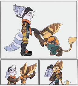 anthro blush bodily_fluids boots clothed clothed_female clothed_male clothing cybernetic_arm cybernetic_limb digit_ring duo eyes_closed eyewear eyewear_on_head female fluffy fluffy_tail footwear fur goggles goggles_on_head hair hug jewelry male male/female markings marriage_proposal pink_nose ring ring_(marking) ringed_tail shoes snot striped_markings striped_tail stripes tail tail_markings tail_motion tail_tuft tailwag tears thin_tail tuft wedding_ring white_body white_fur white_hair yellow_body yellow_fur time_fluffy500 ratchet_and_clank sony_corporation sony_interactive_entertainment ratchet_(ratchet_and_clank) rivet_(ratchet_and_clank) lombax mammal comic hi_res