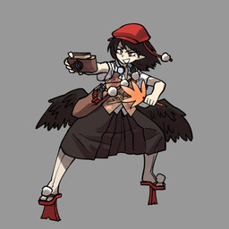 asian_clothing black_bottomwear black_clothing black_hair black_skirt black_wings book bottomwear brown_clothing brown_topwear brown_vest camera clothing east_asian_clothing feathered_wings feathers female flat_cap footwear geta grey_background hair hand_fan hat hauchiwa headgear headwear holding_camera holding_fan holding_object humanoid_pointy_ears japanese_clothing pointy_ears red_clothing red_eyes red_footwear red_geta red_hat red_headwear shirt shoulder_bag simple_background skirt smile solo standing tengu_geta topwear vest white_clothing white_shirt white_topwear wings kaibootsu touhou aya_shameimaru animal_humanoid avian avian_humanoid bird bird_humanoid corvid corvid_humanoid corvus_(genus) corvus_humanoid crow_humanoid humanoid oscine passerine winged_humanoid 1:1 2023 hi_res