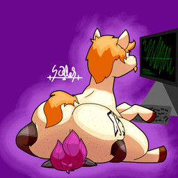 abstract_background big_butt butt computer duo electronics eyewear facesitting facial_hair feral freckled_butt freckles glasses male male/male sitting sitting_on_another scales_(artist) hasbro my_little_pony copper_wire_(scales) maple_donut_(addictedfox) earth_pony equid equine horse mammal pony 1:1 hi_res