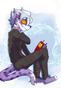 3_fingers abstract_background biped black_nose blue_hair blush book bottomwear clothed clothing dipstick_tail eyebrow_through_hair eyebrows fingers footwear fully_clothed fur fur_markings grey_body grey_fur grin hair holding_book holding_object markings multicolored_body multicolored_fur multicolored_tail nervous pants pupils school_uniform shirt shoes simple_background sitting slit_pupils smile solo spots tail tail_markings topwear translucent translucent_hair uniform white_body white_fur yellow_sclera saku1saya dimoga_(saku1saya) felid leopard mammal pantherine 2015 absurd_res hi_res