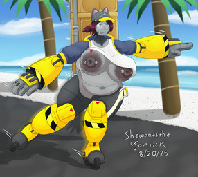 areola balancing beach belly big_areola big_belly big_breasts big_nipples blue_eyes box breasts cat_ear_headwear clothing container delivery_(commerce) delivery_employee eyewear female glowing glowing_eyes goggles grey_body hat hazard_stripes hazard_symbol headgear headwear huge_areola huge_breasts jacket machine maeve_and_friends moving nipple_piercing nipples palm_tree piercing plant roller_blading sea shirt solo symbol topwear tree wardrobe_malfunction water wheel wobbling_breasts shewantsthejoystick humanoid living_machine robot robot_anthro robot_humanoid 2025 dated hi_res watermark