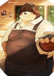 anthro apron blush bottomwear brown_body cafeteria clothing container cup cute_fangs fangs kemono male mug overweight overweight_male pants shirt solo teeth topwear metaporin canid canine canis domestic_dog mammal 2025 absurd_res hi_res